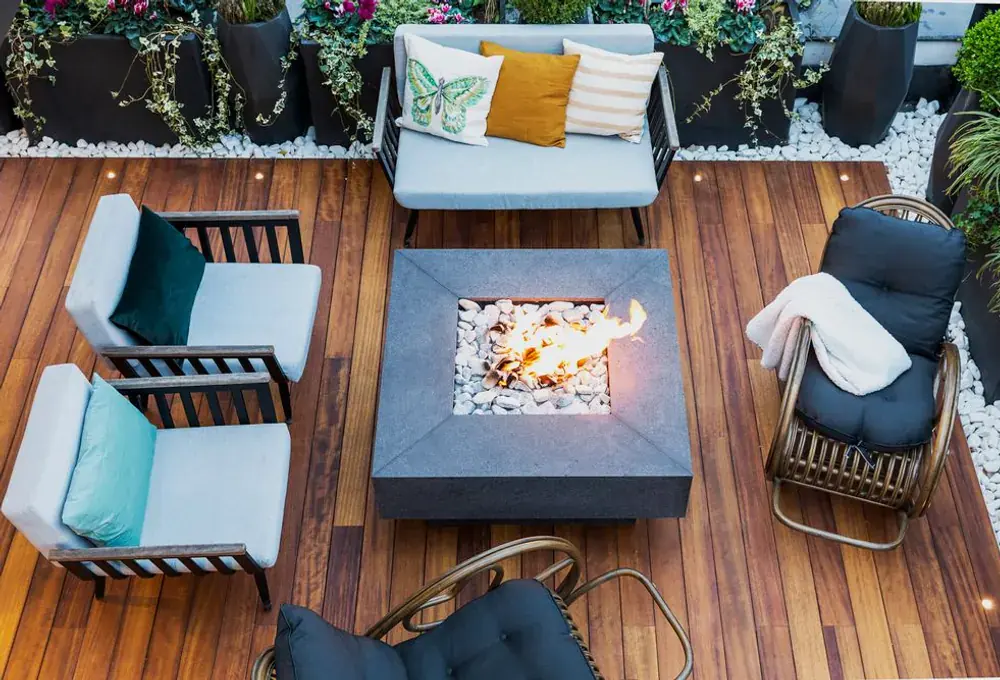 Premium composite deck with a fire pit and lounge seating